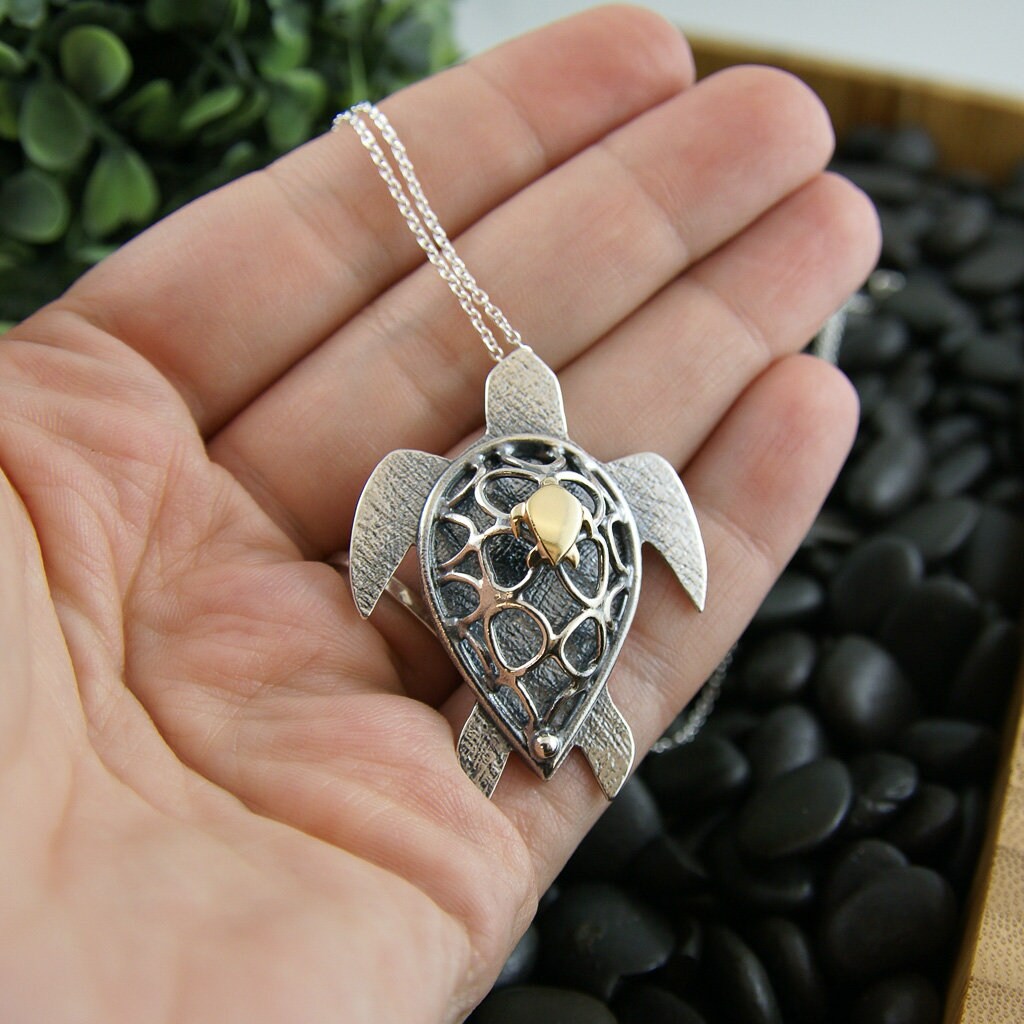 Mother Turtle Pendant in Sterling Silver and 14K Yellow Gold