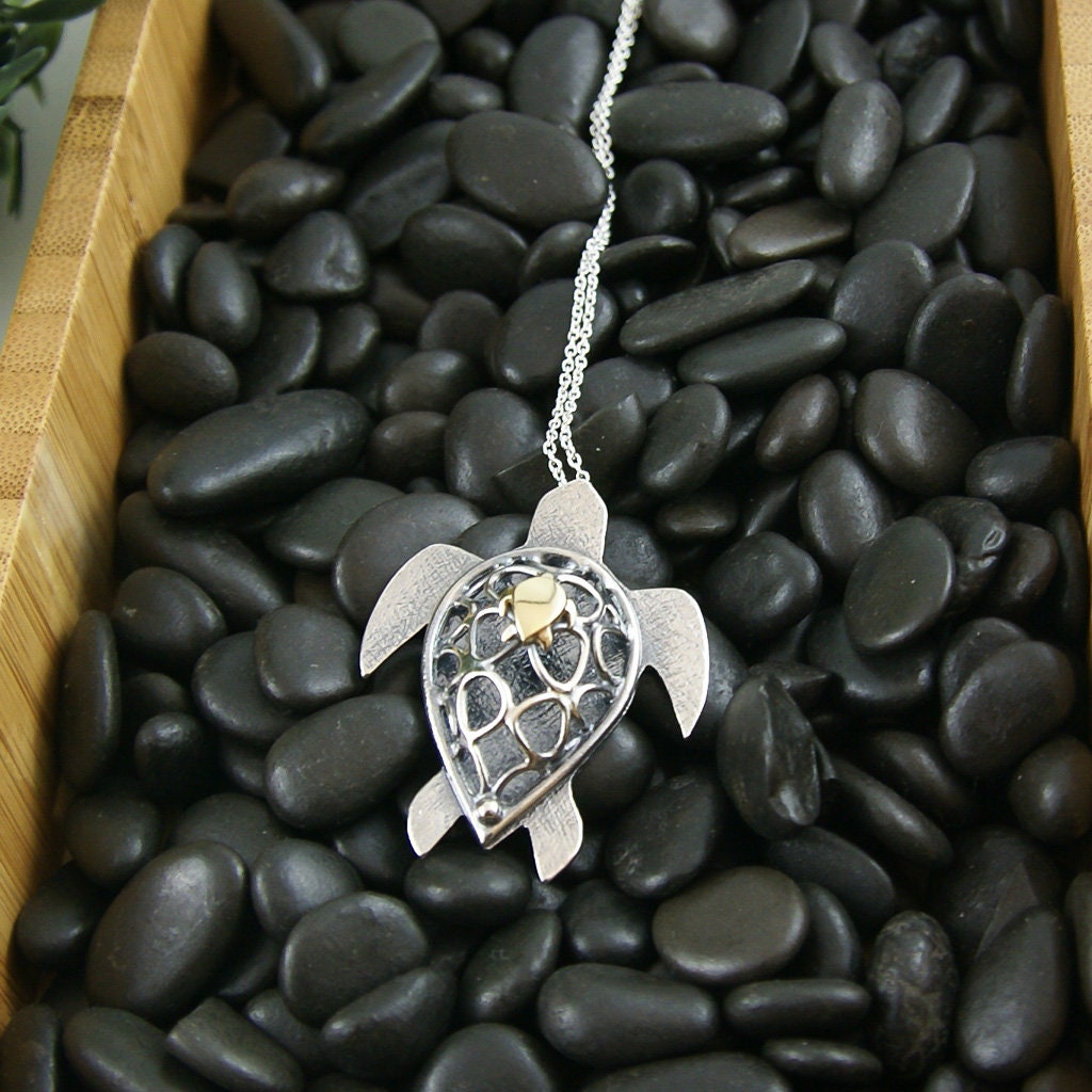 Mother Turtle Pendant in Sterling Silver and 14K Yellow Gold
