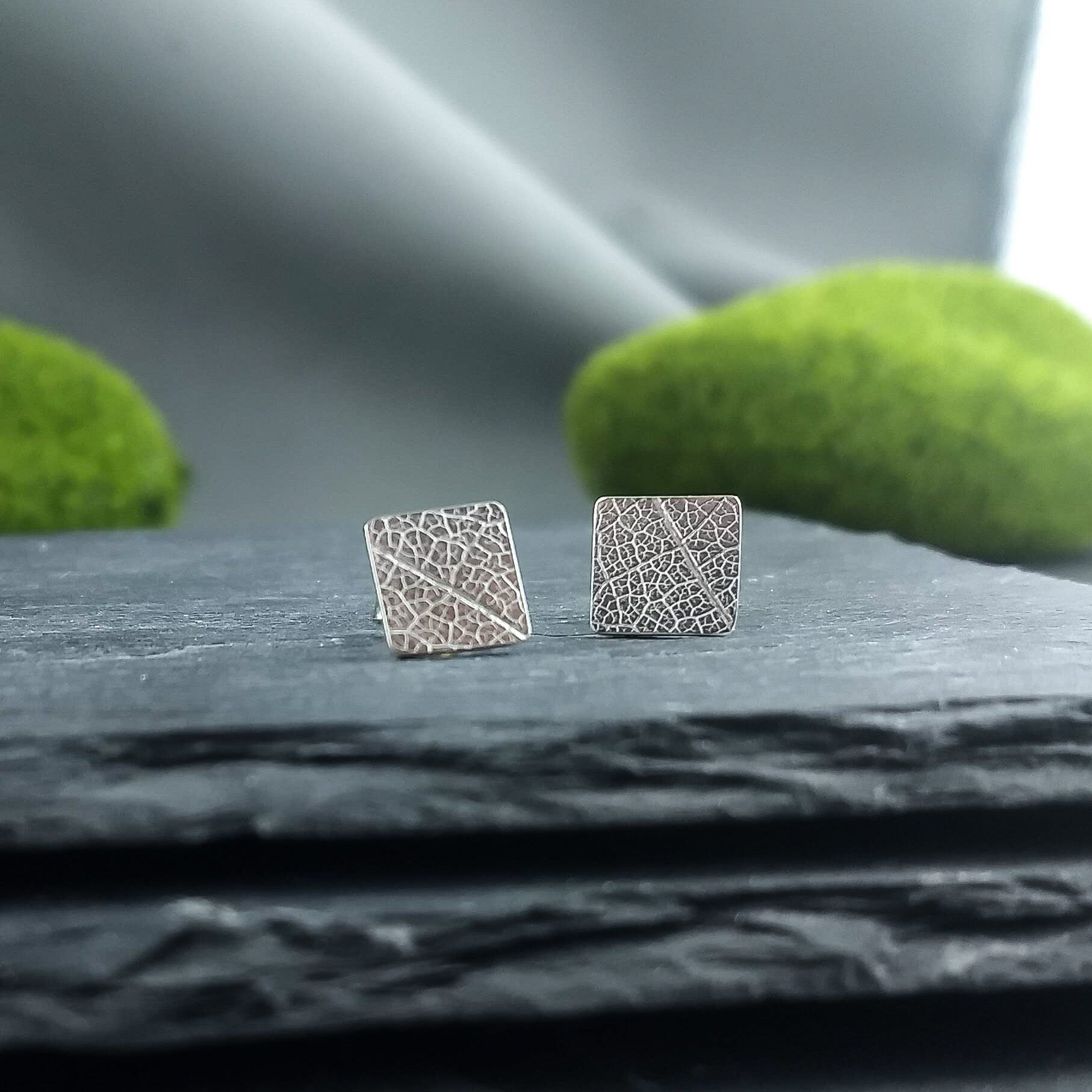 Square Tree Leaf Earrings in Sterling Silver