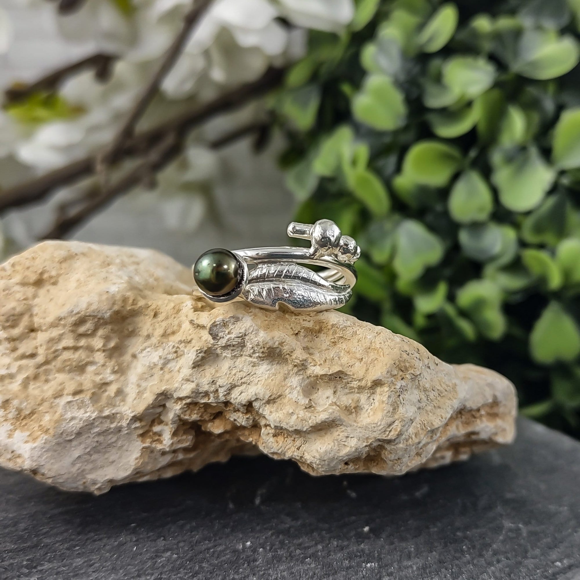 Feather and freshwater pearl ring in sterling silver