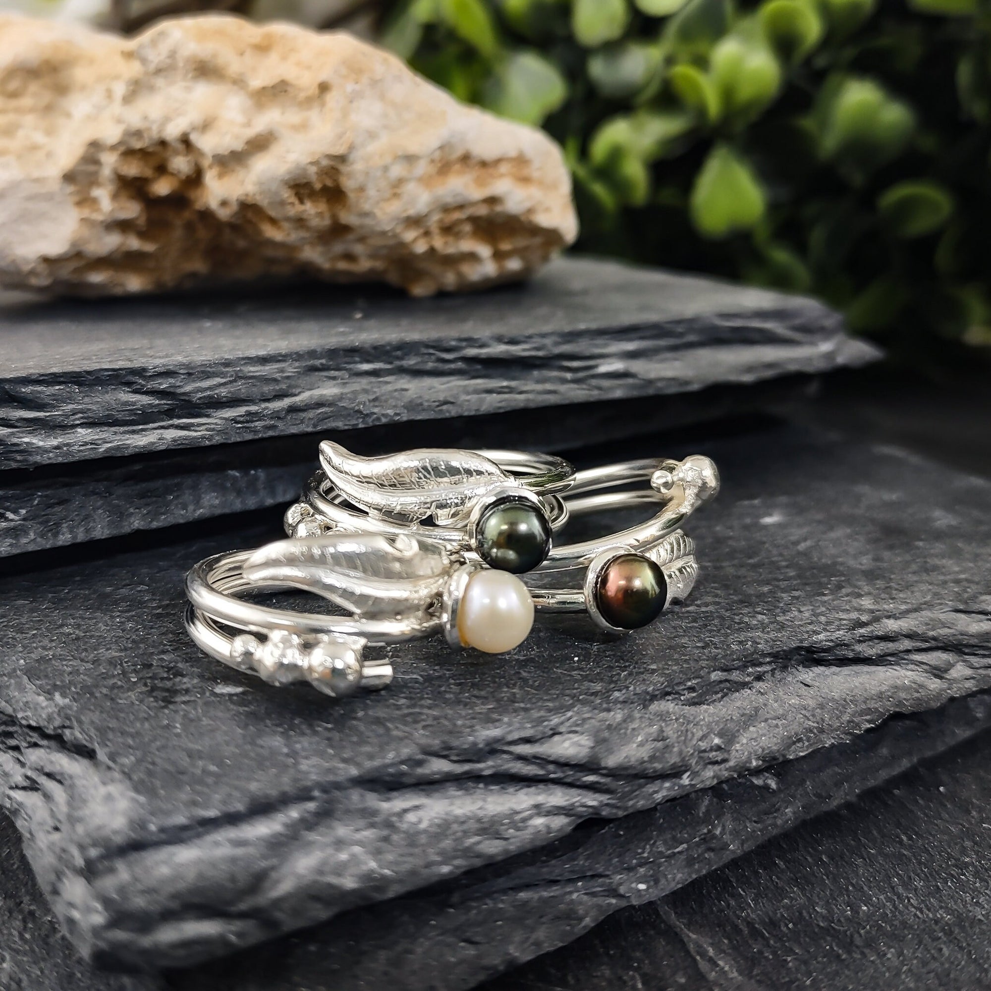 Feather and freshwater pearl ring in sterling silver
