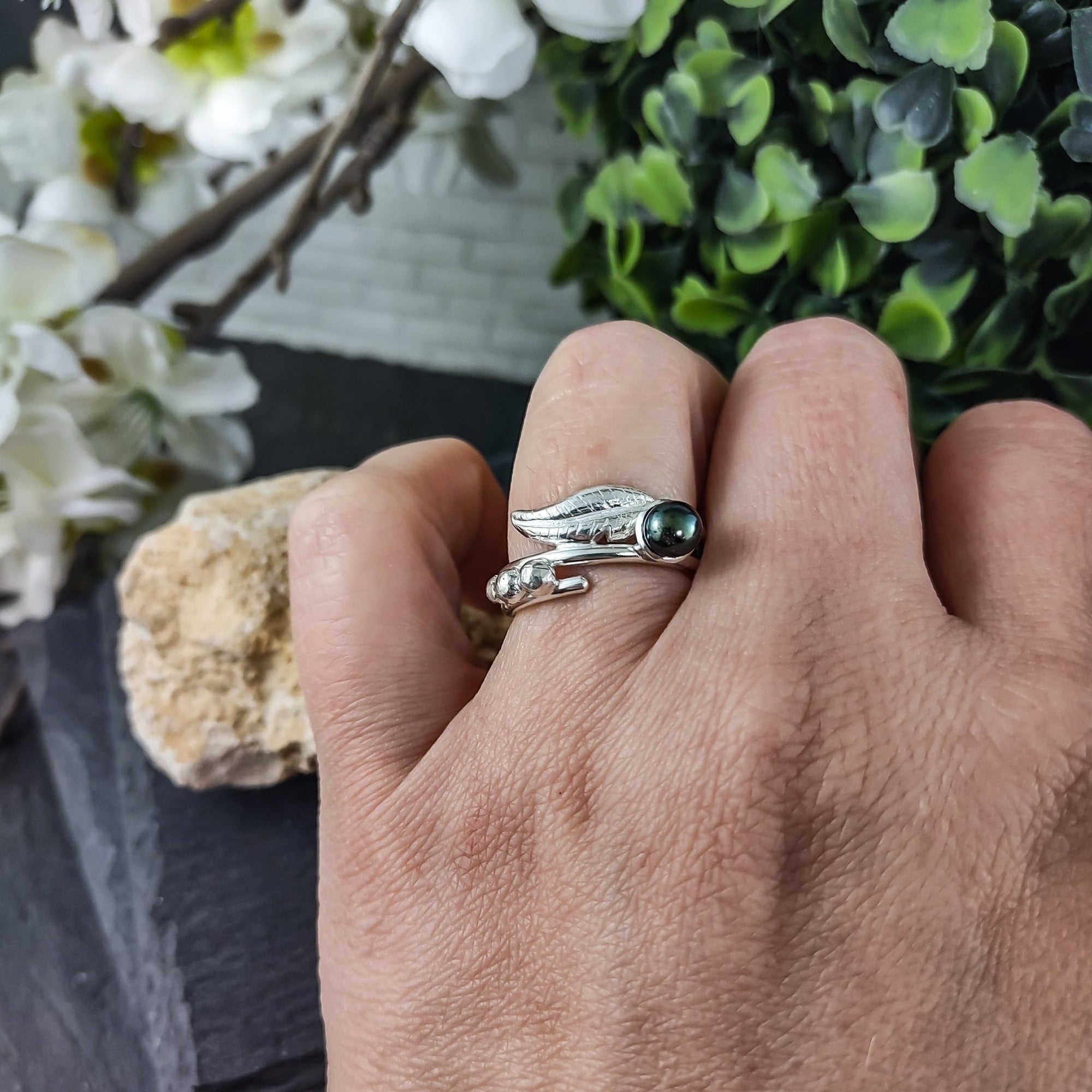 Feather and freshwater pearl ring in sterling silver