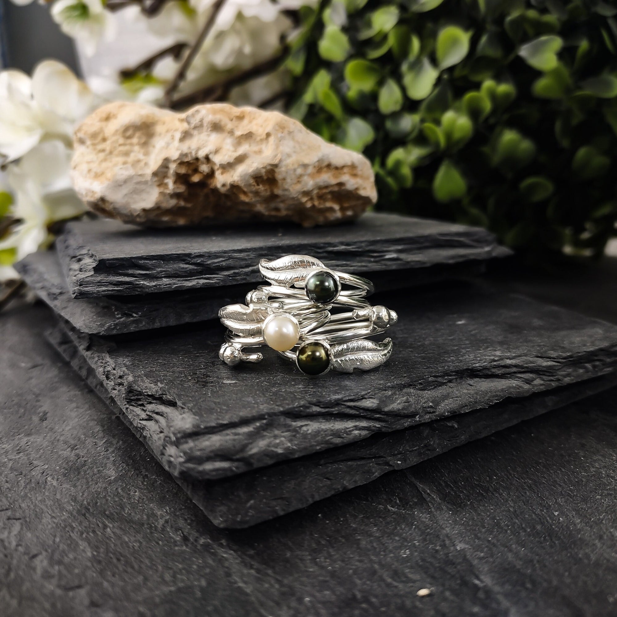 Feather and freshwater pearl ring in sterling silver